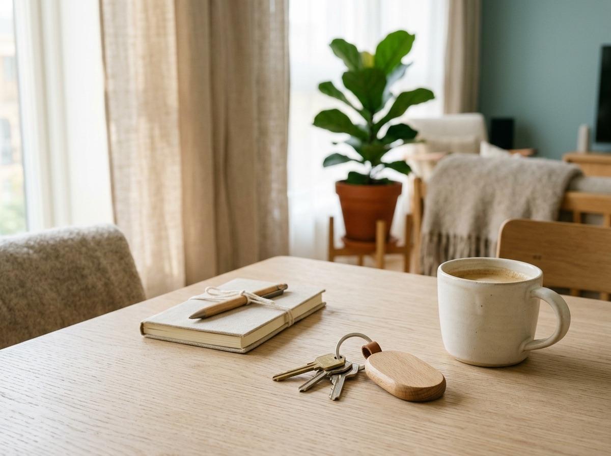 Alquilás directo con quien administra el departamento Llaves de un departamento en alquiler temporario sobre una mesa de madera junto a una taza de café